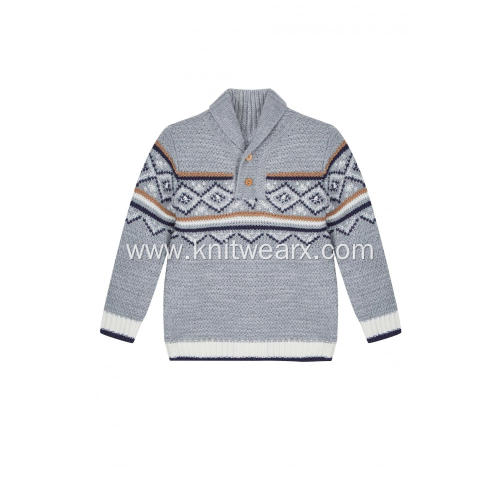 Boy's Knitted Diamond Jacquard Shawl Neck Pullover